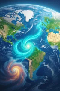 Visual representation of global weather and climate patterns, showing a wavy jet stream