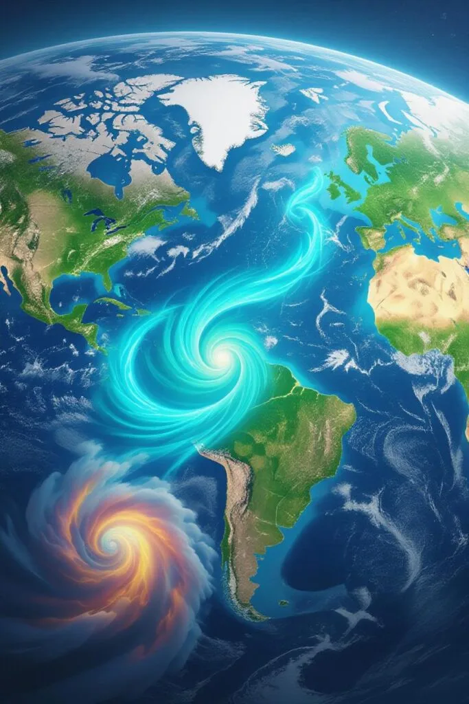 Visual representation of global weather and climate patterns, showing a wavy jet stream